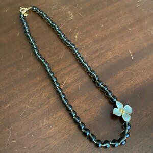 J. Crew Gray Glass Beads with Enamel Magnolia Flower Necklace NWOT Classic